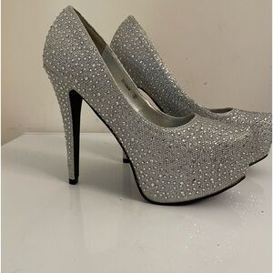 Ladies Silver Glitter Rhinestone Platform Pumps